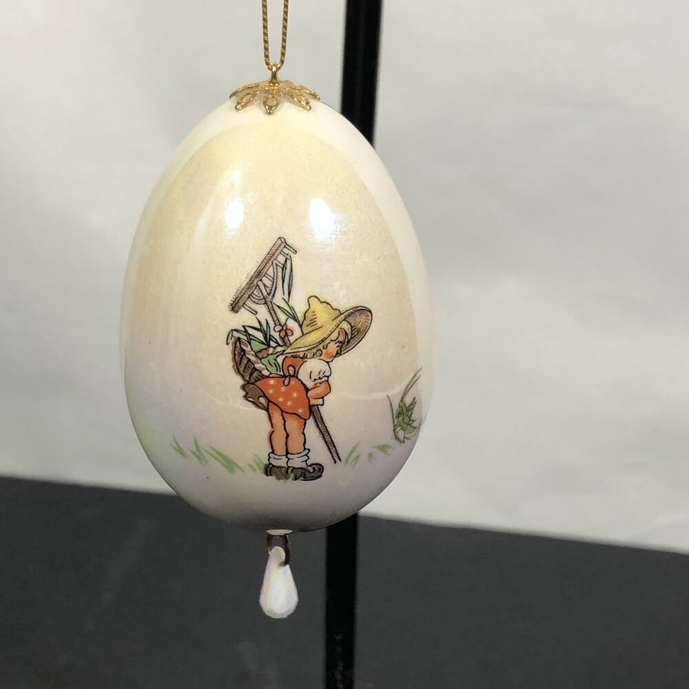 Vintage Christmas Egg Ornament Gardening Girl With Grasshopper